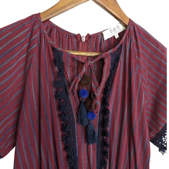 Sea New York Dress 2 Peasant Burgundy Striped Ruffled Pom Poms Lace Trim - Picture 4 of 10